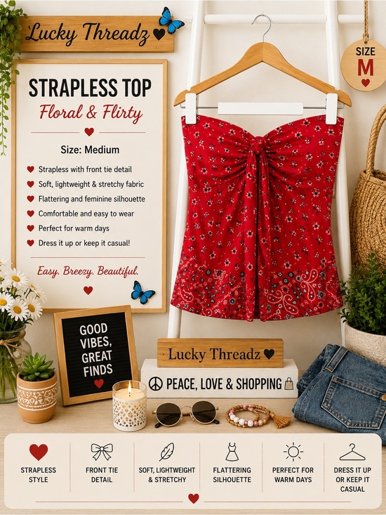 Tops - Red Floral Strapless Top with Front Tie - Medium